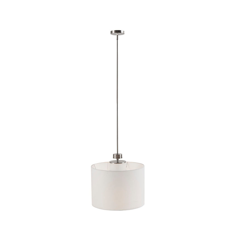 Silver Metal Pendant Light with White Linen Drum Shade | Urban Modern Hanging Fixture