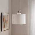 Silver Metal Pendant Light with White Linen Drum Shade | Urban Modern Hanging Fixture