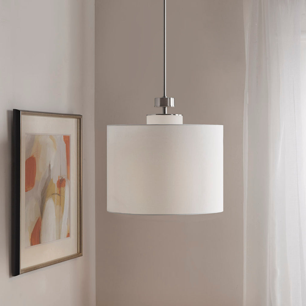 Silver Metal Pendant Light with White Linen Drum Shade | Urban Modern Hanging Fixture