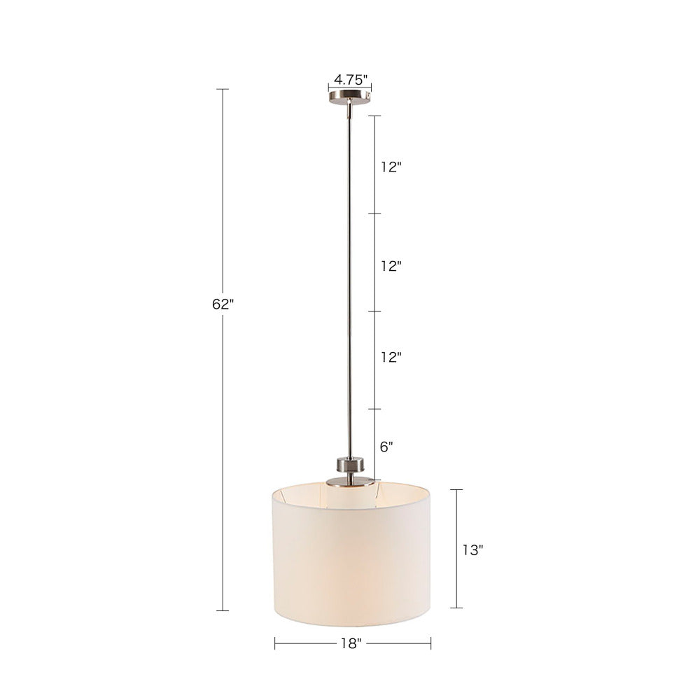 Silver Metal Pendant Light with White Linen Drum Shade | Urban Modern Hanging Fixture