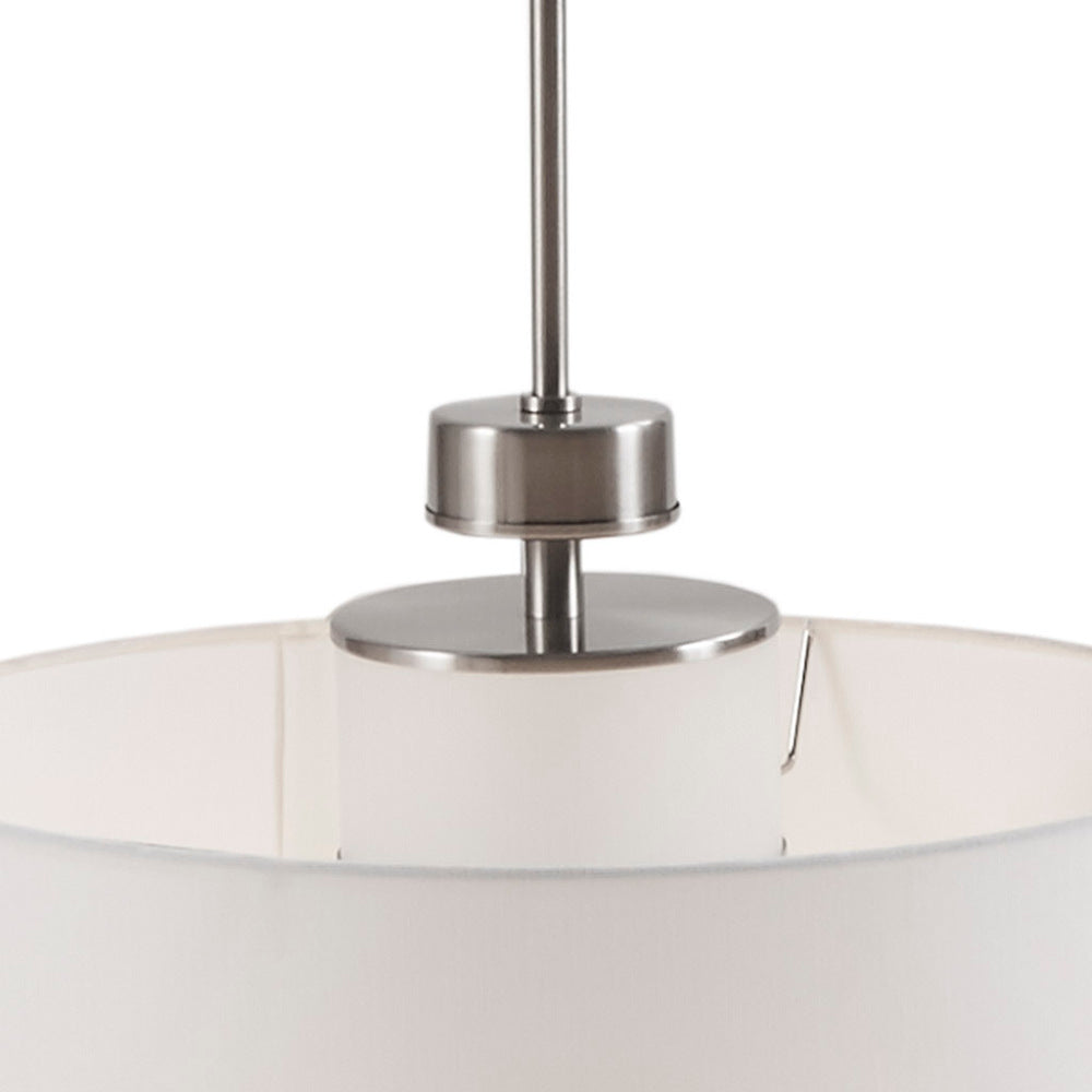 Silver Metal Pendant Light with White Linen Drum Shade | Urban Modern Hanging Fixture