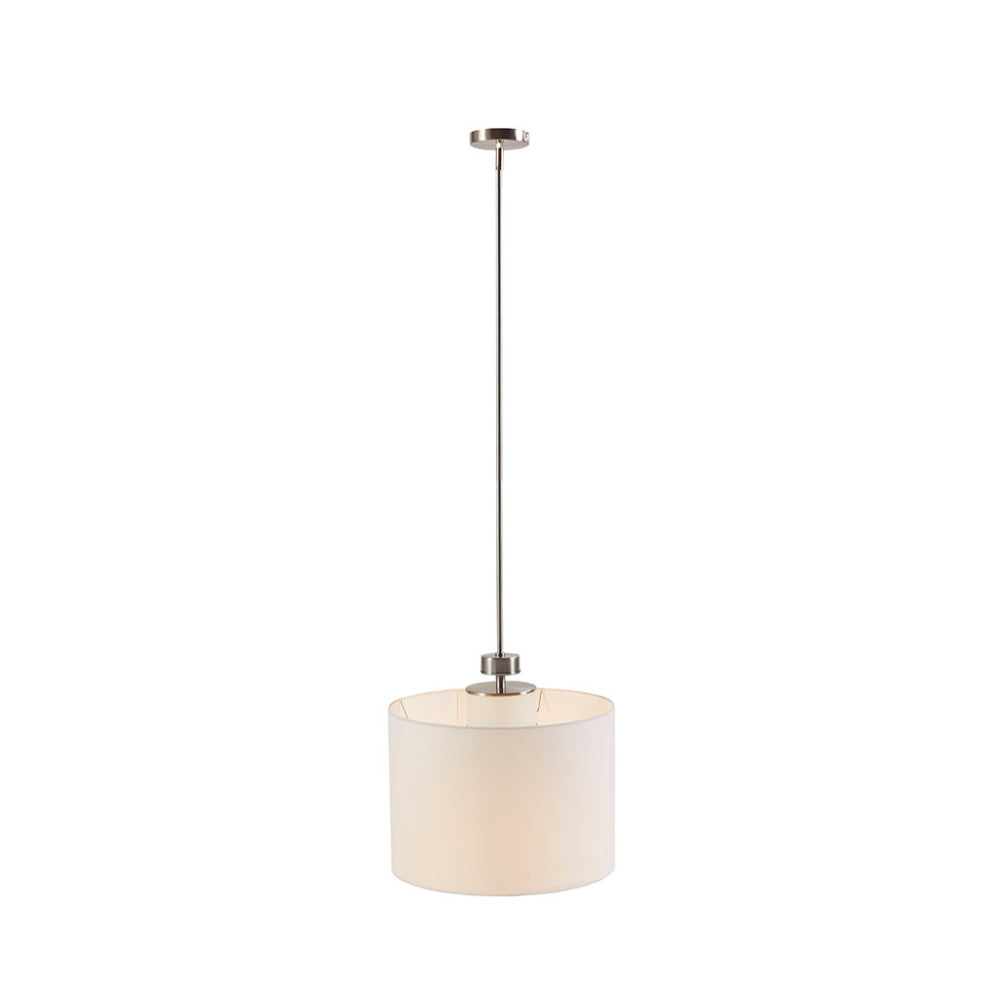 Silver Metal Pendant Light with White Linen Drum Shade | Urban Modern Hanging Fixture