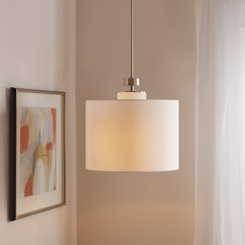 Silver Metal Pendant Light with White Linen Drum Shade | Urban Modern Hanging Fixture