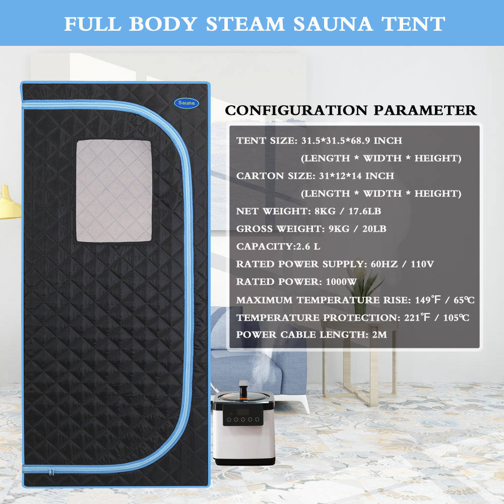 Full-Size Plus Steam Sauna Tent for Home | Stainless Steel Frame, 2.6L Steam Generator, FCC Certified — Black