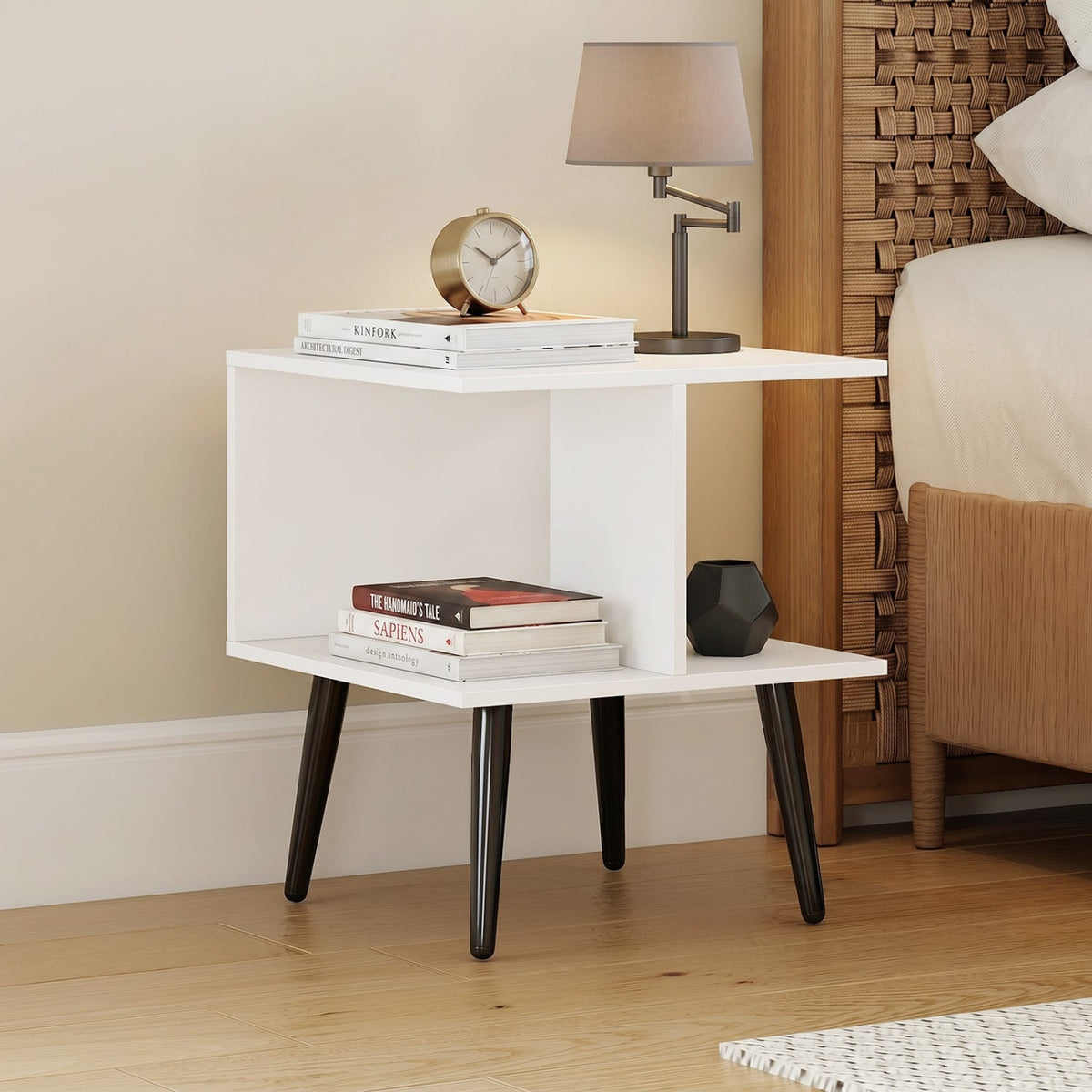 2-Tier End Table with Storage Compartments White