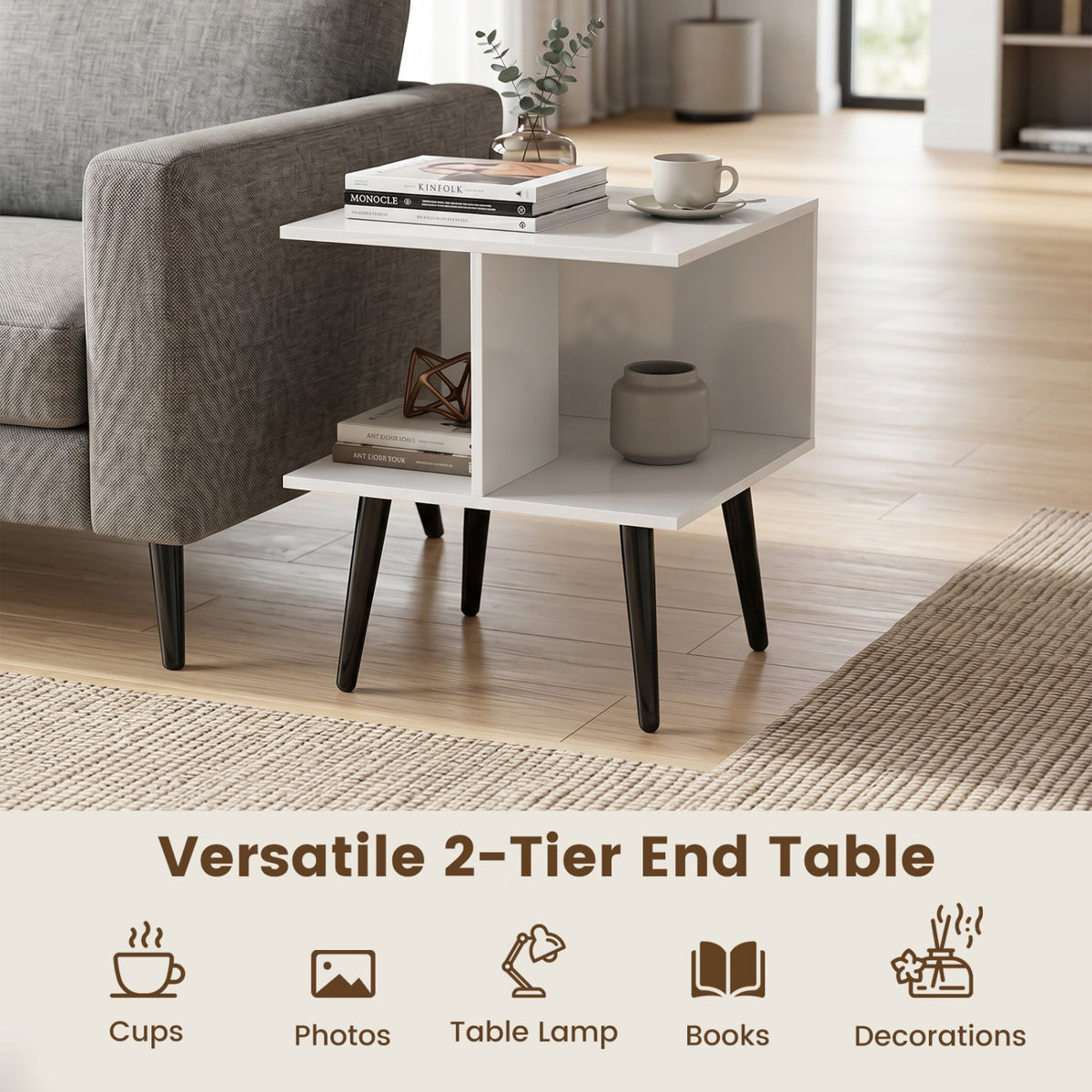 2-Tier End Table with Storage Compartments White