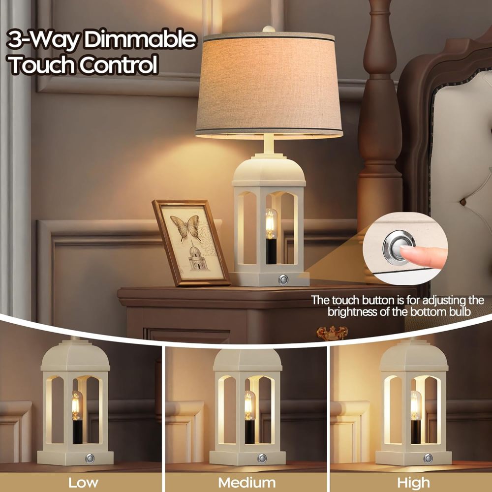 Rustic Farmhouse Table Lamps Set of 2 – USB A+C, Built-in Nightlight, 3-Way Dimmable Touch Lamp