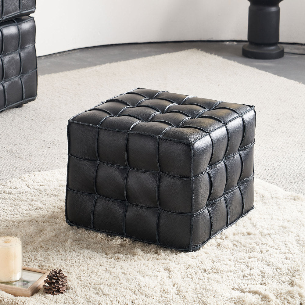Black Genuine Leather Tufted Ottoman – 17" Square Footstool, Multi-Use, Solid Wood Base