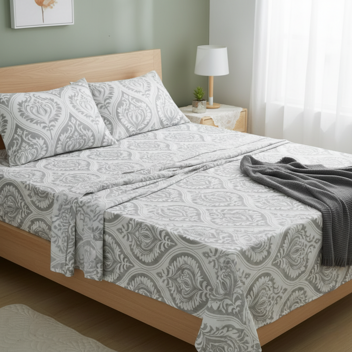 Tache Dreamy Moon Sky Ogee Damask Heather Gray White Bed Sheet Set (TB300)