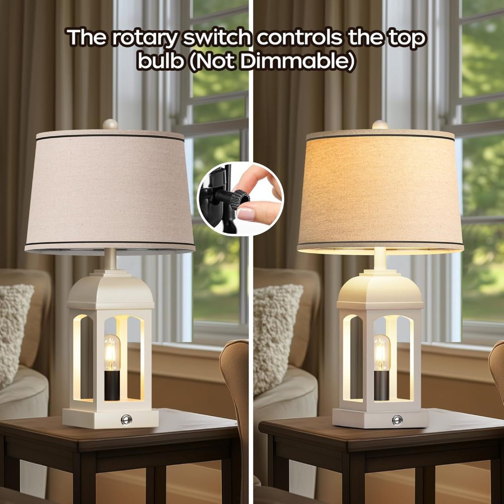 Rustic Farmhouse Table Lamps Set of 2 – USB A+C, Built-in Nightlight, 3-Way Dimmable Touch Lamp