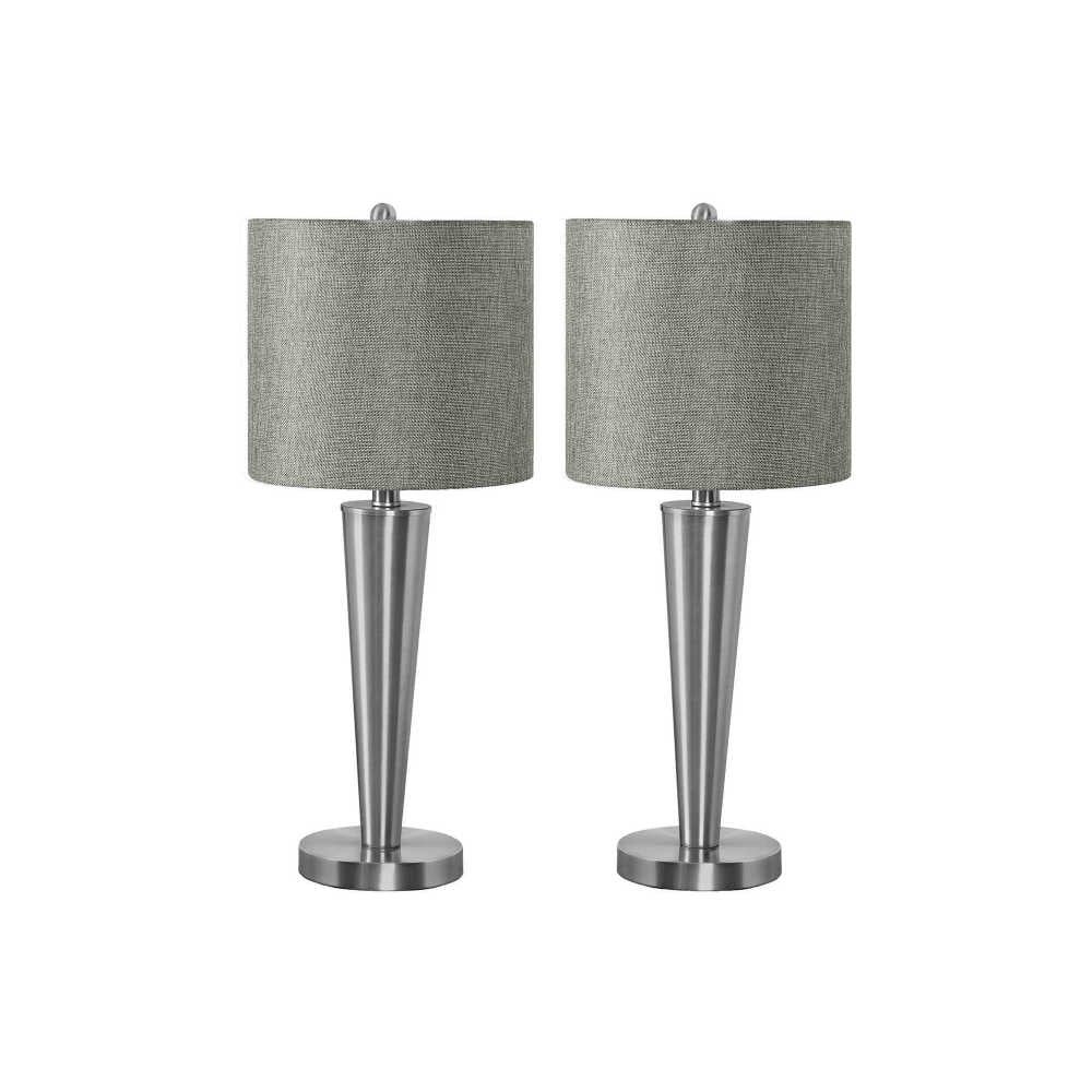 Contemporary Table Lamp Set of 2 | 24" Nickel Metal Base, Grey Linen Shade & USB Port