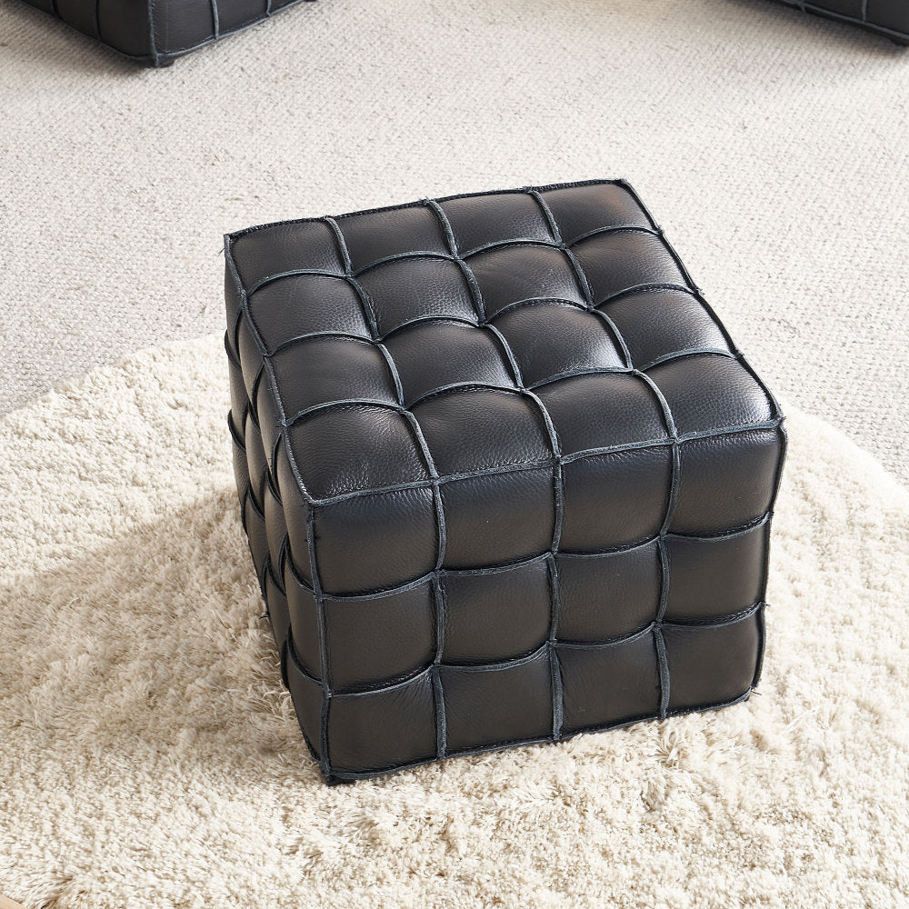 Black Genuine Leather Tufted Ottoman – 17" Square Footstool, Multi-Use, Solid Wood Base