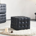 Black Genuine Leather Tufted Ottoman – 17" Square Footstool, Multi-Use, Solid Wood Base