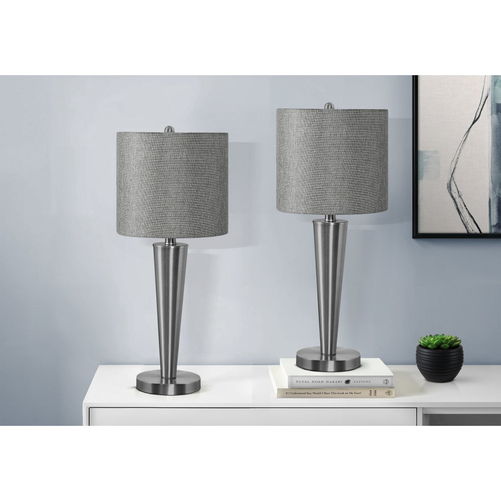 Contemporary Table Lamp Set of 2 | 24" Nickel Metal Base, Grey Linen Shade & USB Port