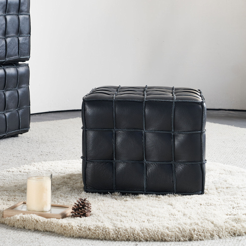 Black Genuine Leather Tufted Ottoman – 17" Square Footstool, Multi-Use, Solid Wood Base