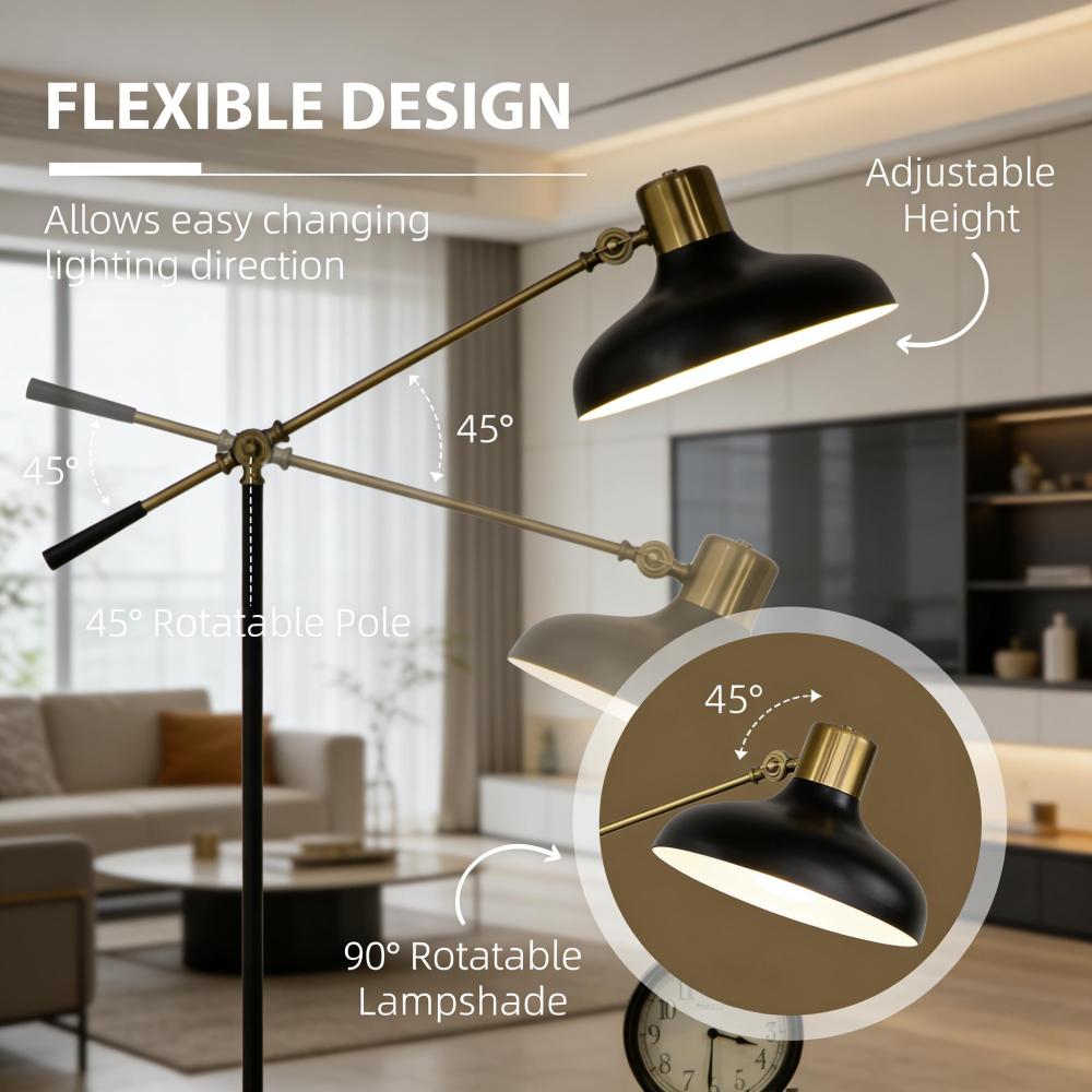 Industrial Floor Lamp | Adjustable Height & Rotating Head, Black & Gold Reading Standing Lamp