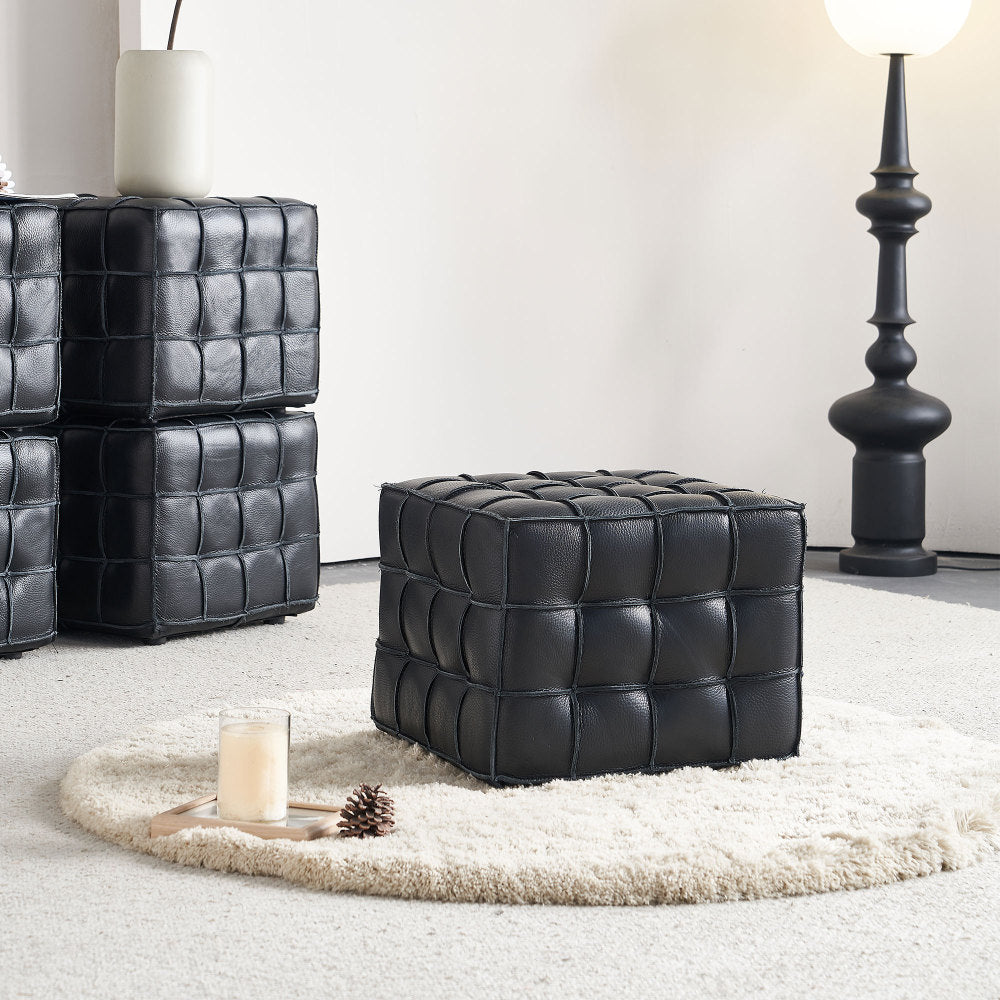Black Genuine Leather Tufted Ottoman – 17" Square Footstool, Multi-Use, Solid Wood Base