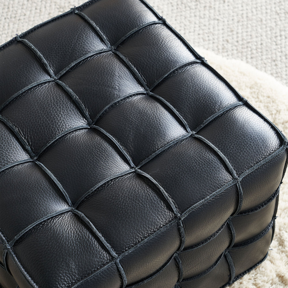Black Genuine Leather Tufted Ottoman – 17" Square Footstool, Multi-Use, Solid Wood Base