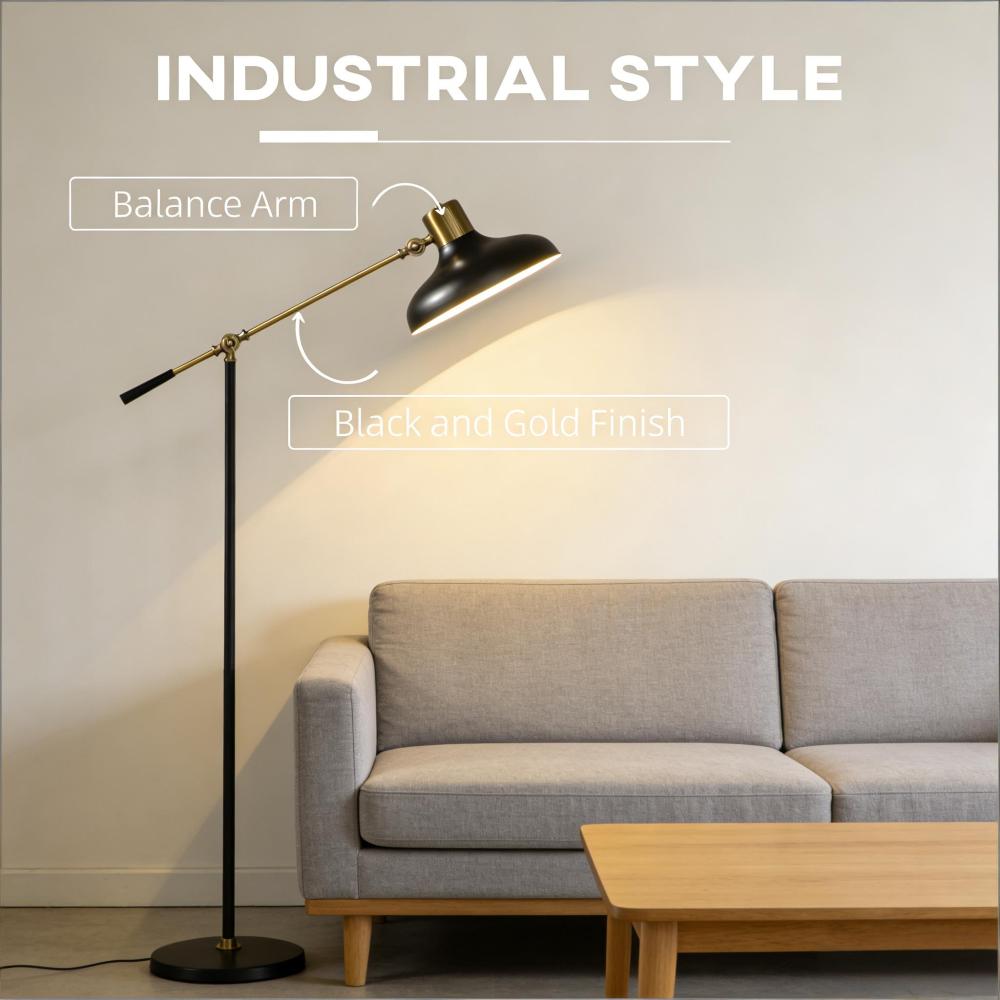 Industrial Floor Lamp | Adjustable Height & Rotating Head, Black & Gold Reading Standing Lamp