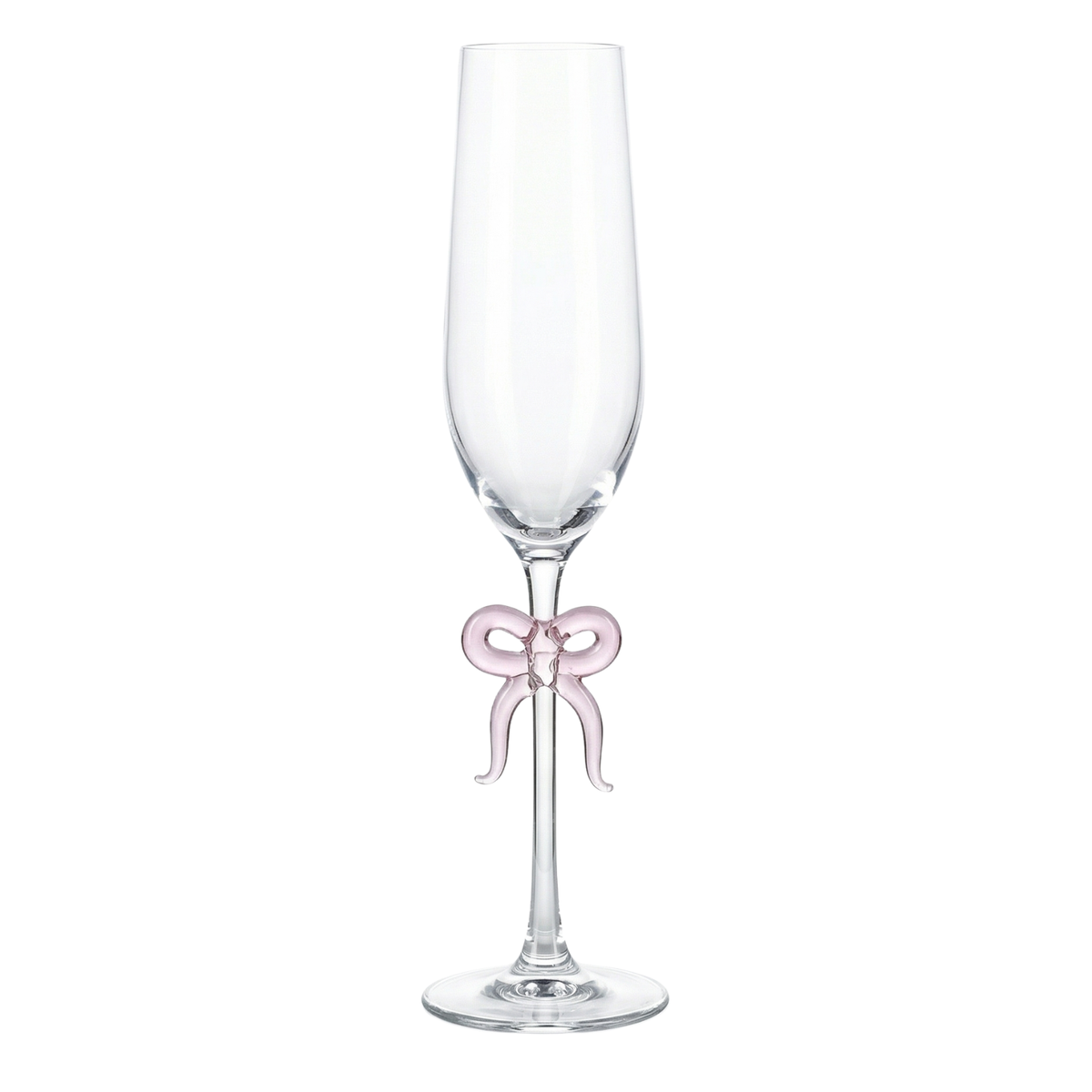 Single Clear Champagne Glass with Pink Bow on Stem, One Piece