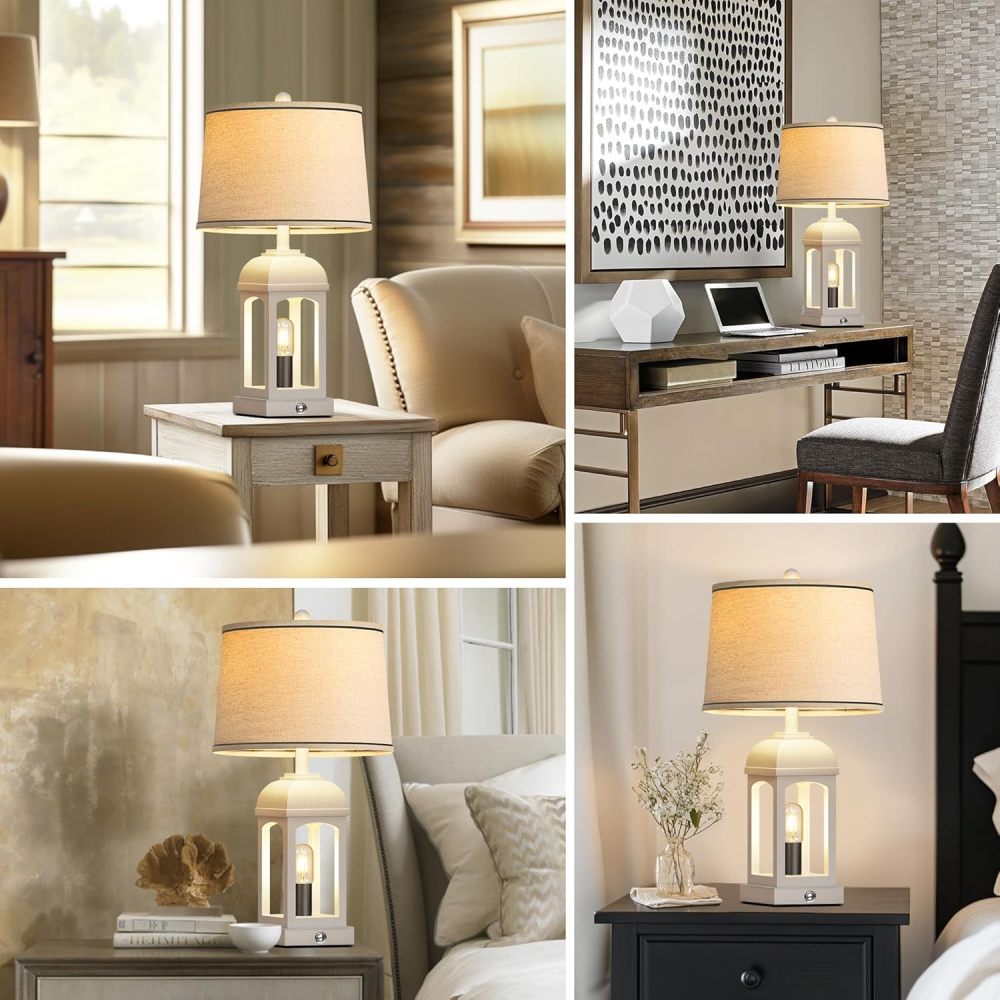 Rustic Farmhouse Table Lamps Set of 2 – USB A+C, Built-in Nightlight, 3-Way Dimmable Touch Lamp