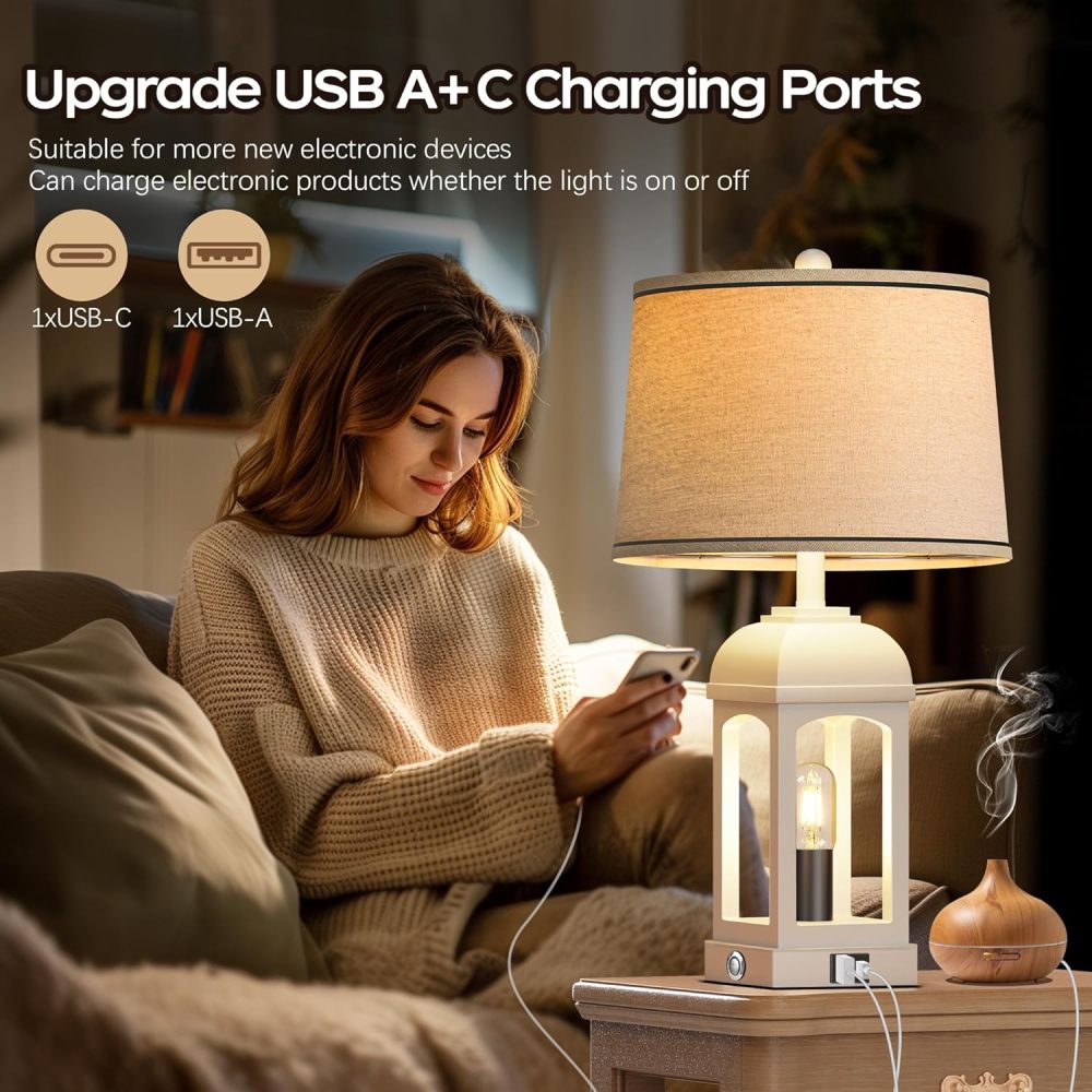 Rustic Farmhouse Table Lamps Set of 2 – USB A+C, Built-in Nightlight, 3-Way Dimmable Touch Lamp