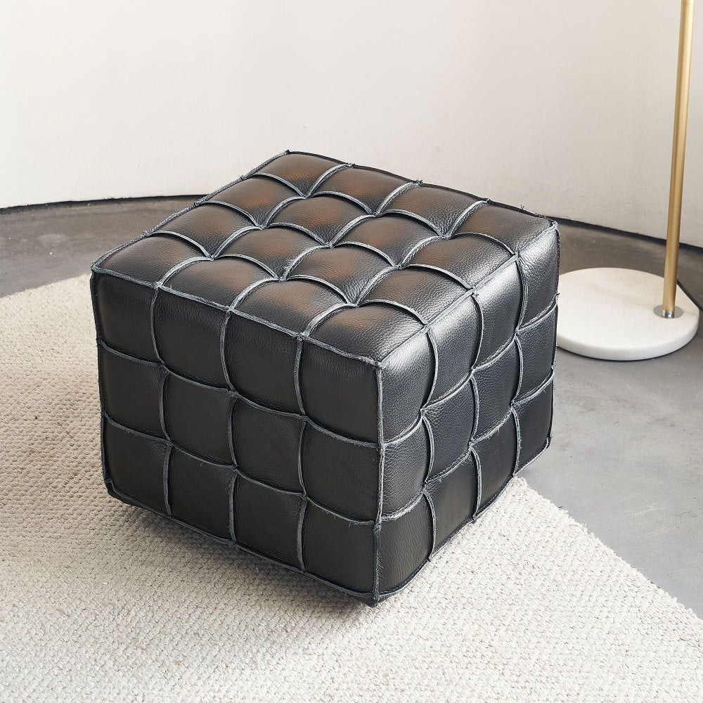 Black Genuine Leather Tufted Ottoman – 17" Square Footstool, Multi-Use, Solid Wood Base