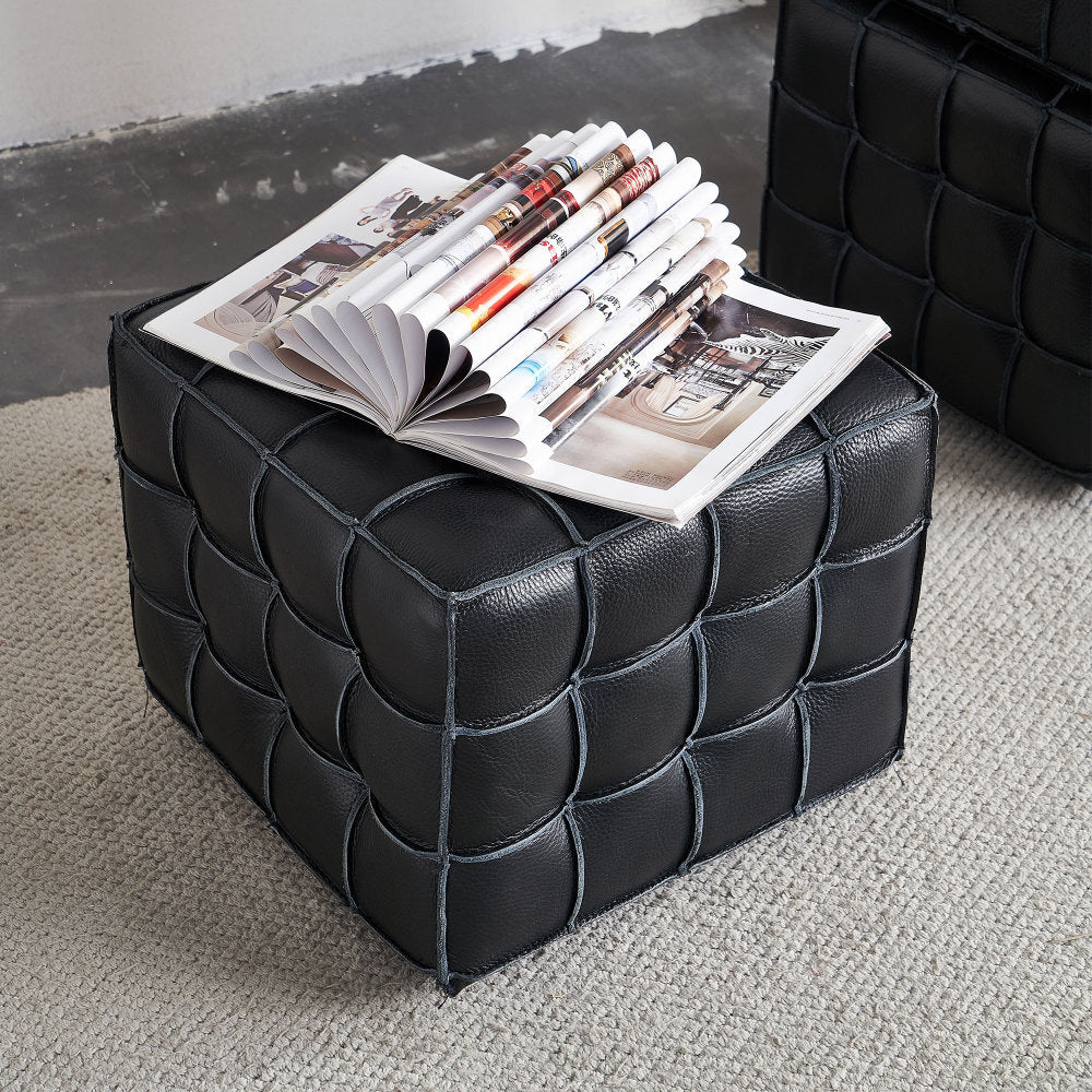 Black Genuine Leather Tufted Ottoman – 17" Square Footstool, Multi-Use, Solid Wood Base