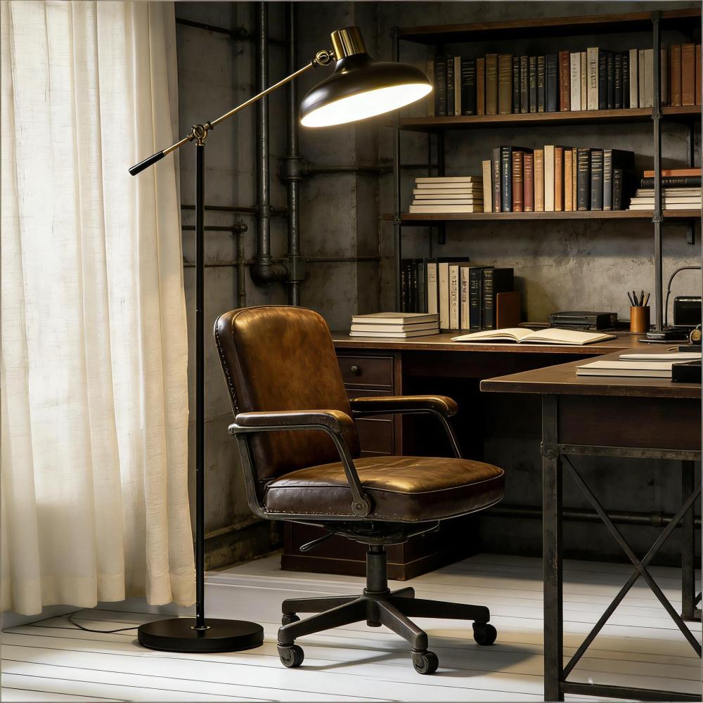 Industrial Floor Lamp | Adjustable Height & Rotating Head, Black & Gold Reading Standing Lamp