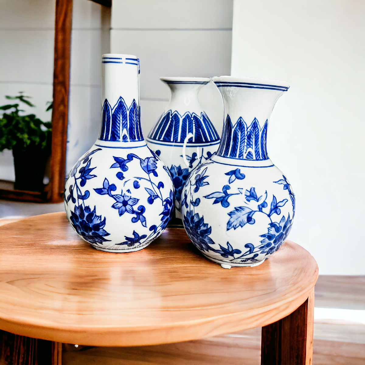 Chinoiserie Blue White Canton Vases - Hand-Painted Mediterranean Decor
