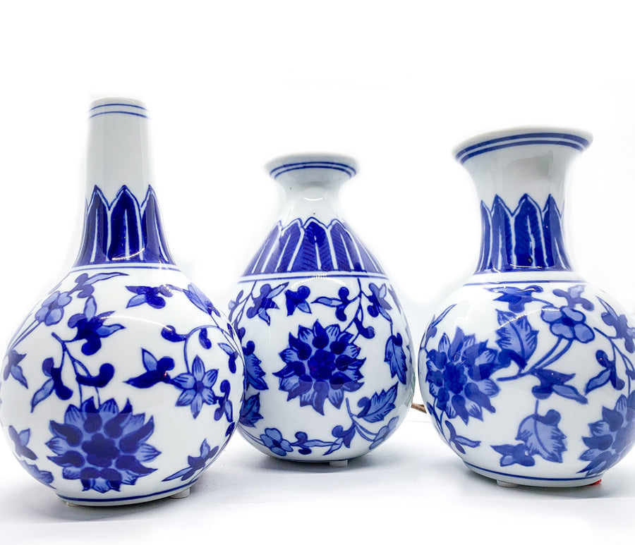 Chinoiserie Blue White Canton Vases - Hand-Painted Mediterranean Decor