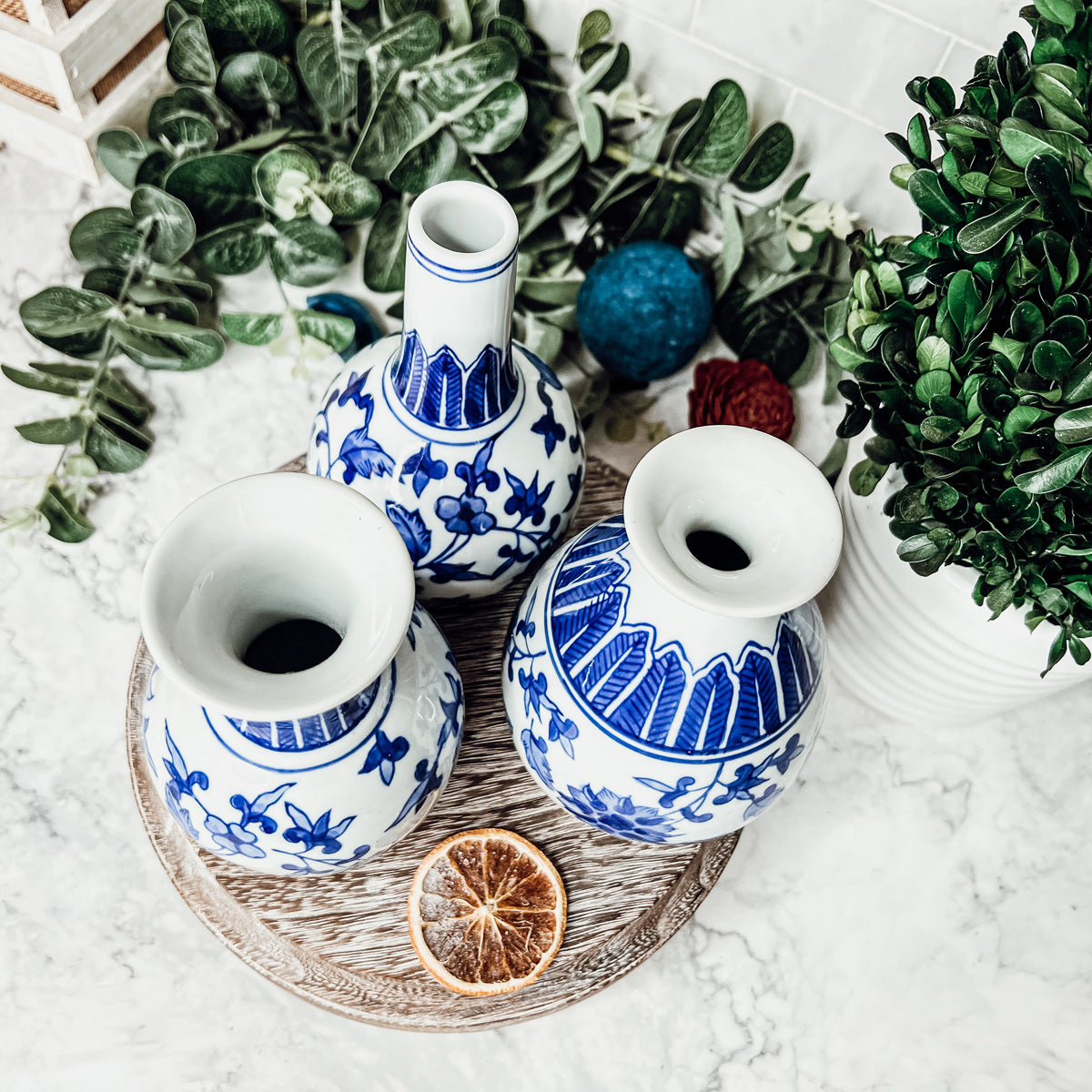 Chinoiserie Blue White Canton Vases - Hand-Painted Mediterranean Decor