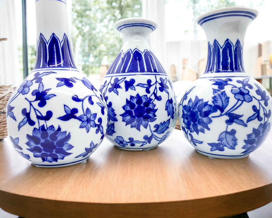 Chinoiserie Blue White Canton Vases - Hand-Painted Mediterranean Decor