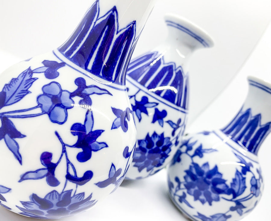 Chinoiserie Blue White Canton Vases - Hand-Painted Mediterranean Decor