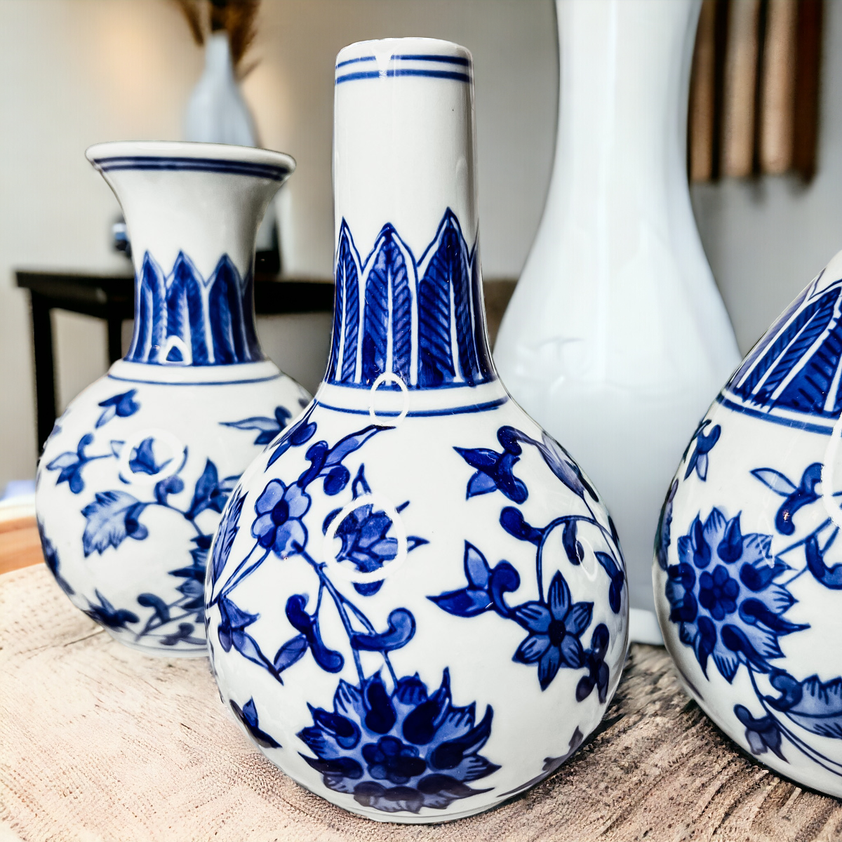 Chinoiserie Blue White Canton Vases - Hand-Painted Mediterranean Decor