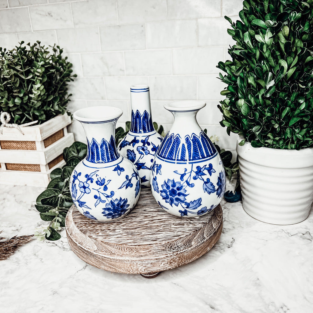 Chinoiserie Blue White Canton Vases - Hand-Painted Mediterranean Decor