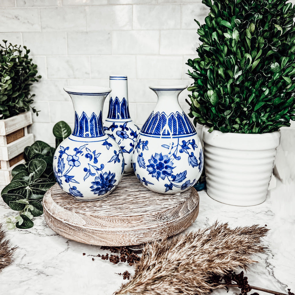 Chinoiserie Blue White Canton Vases - Hand-Painted Mediterranean Decor