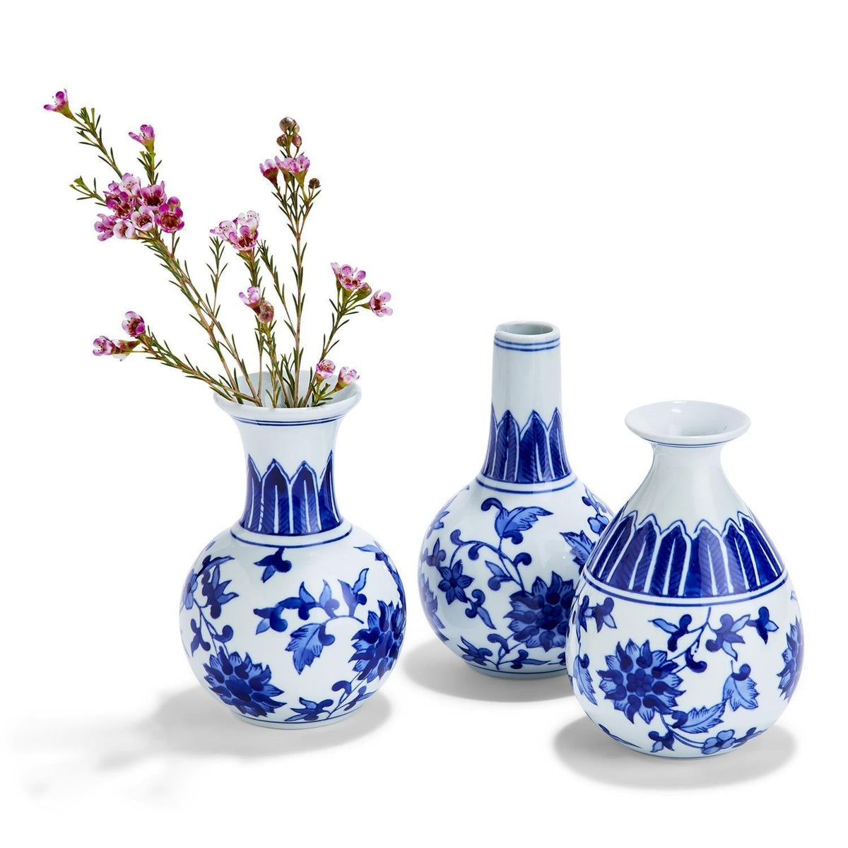 Chinoiserie Blue White Canton Vases - Hand-Painted Mediterranean Decor