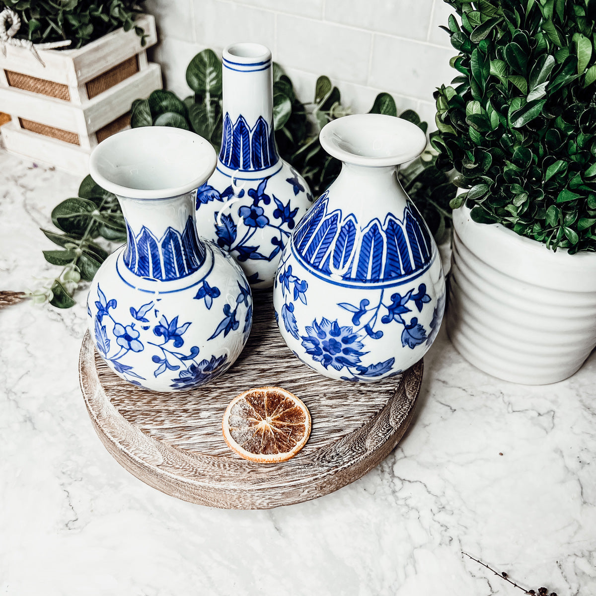 Chinoiserie Blue White Canton Vases - Hand-Painted Mediterranean Decor