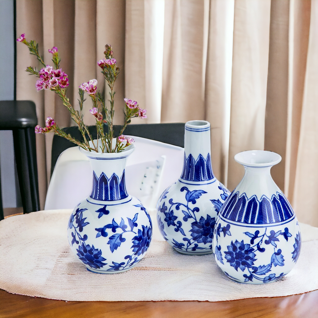 Chinoiserie Blue White Canton Vases - Hand-Painted Mediterranean Decor