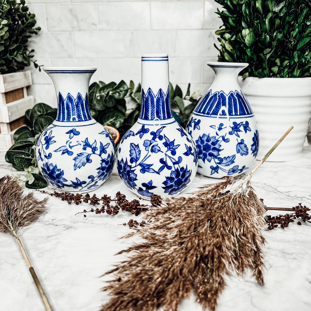 Chinoiserie Blue White Canton Vases - Hand-Painted Mediterranean Decor