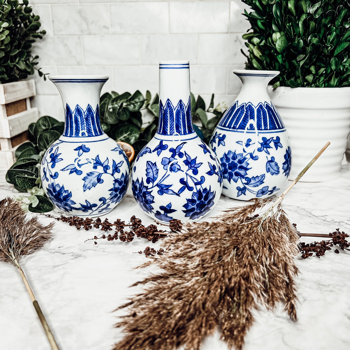 Chinoiserie Blue White Canton Vases - Hand-Painted Mediterranean Decor