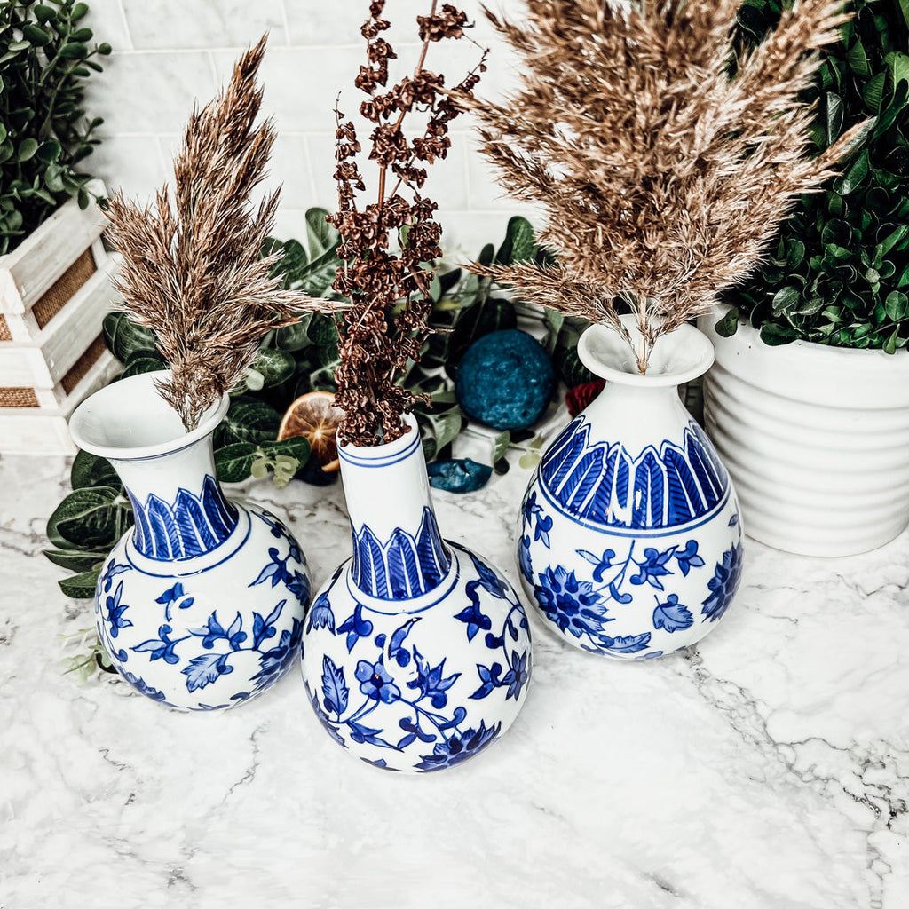 Chinoiserie Blue White Canton Vases - Hand-Painted Mediterranean Decor