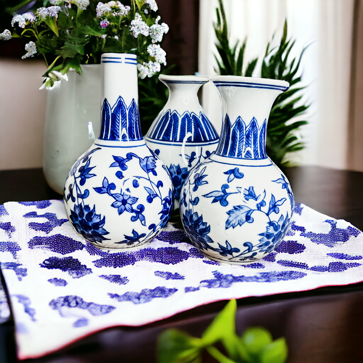 Chinoiserie Blue White Canton Vases - Hand-Painted Mediterranean Decor