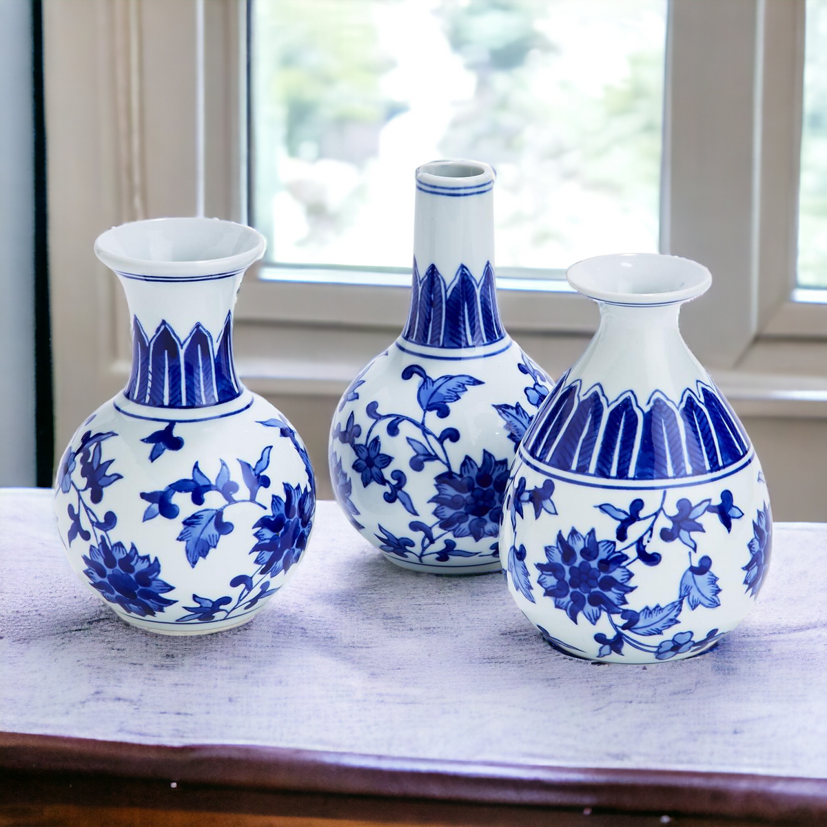 Chinoiserie Blue White Canton Vases - Hand-Painted Mediterranean Decor