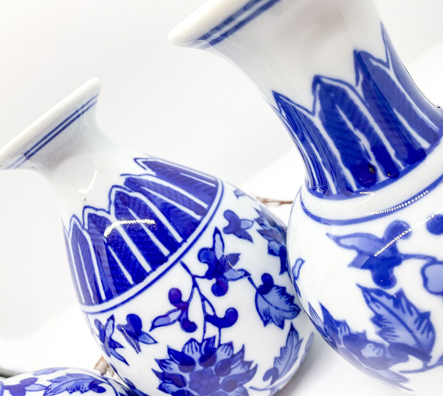 Chinoiserie Blue White Canton Vases - Hand-Painted Mediterranean Decor