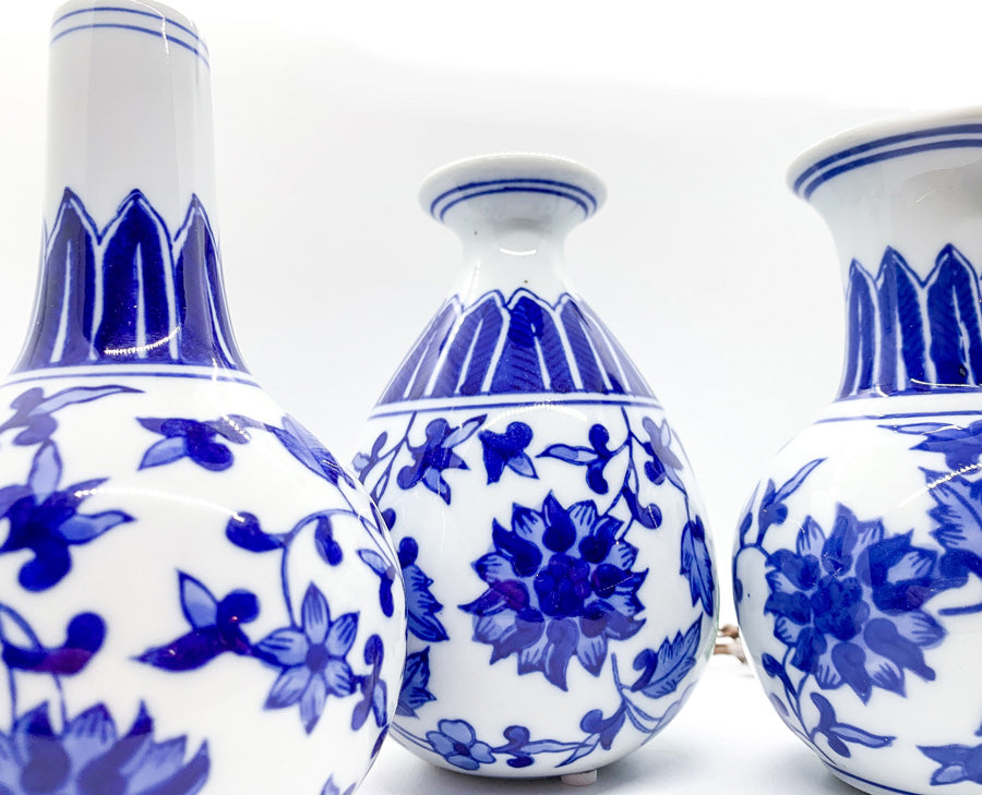 Chinoiserie Blue White Canton Vases - Hand-Painted Mediterranean Decor