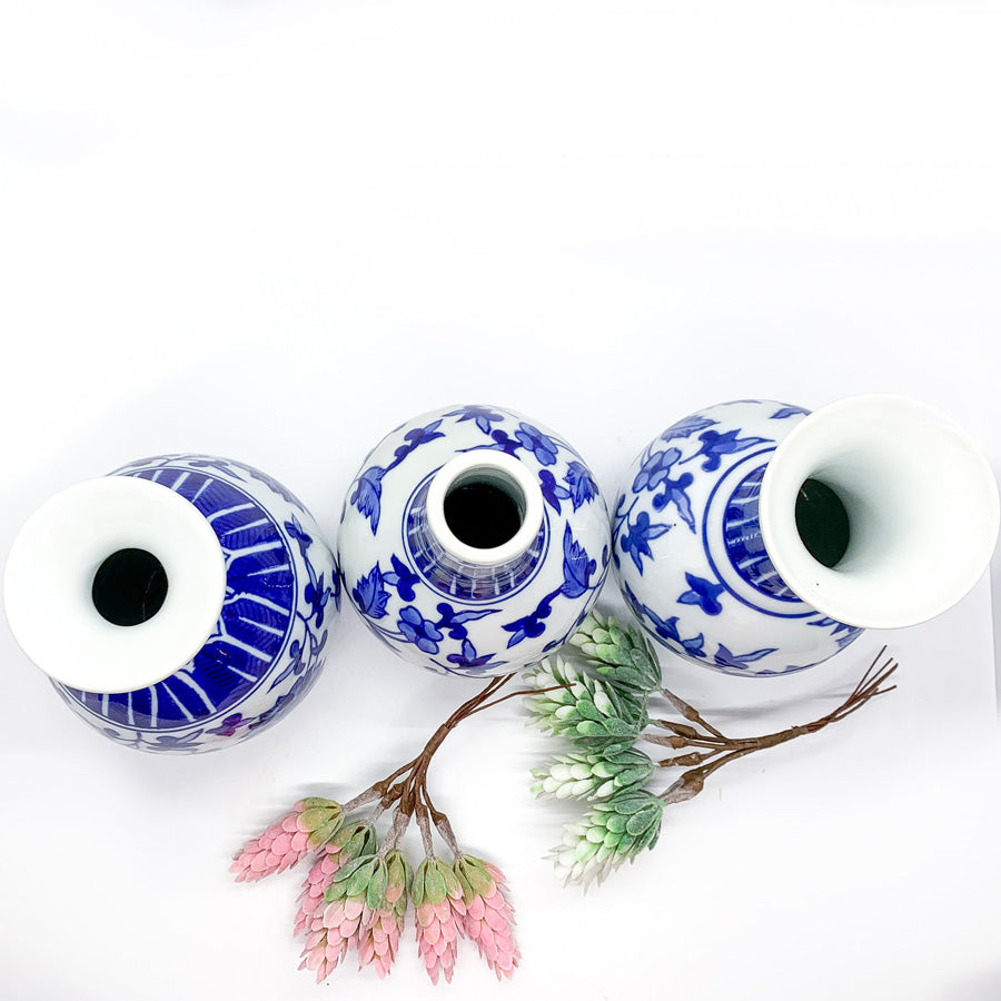 Chinoiserie Blue White Canton Vases - Hand-Painted Mediterranean Decor