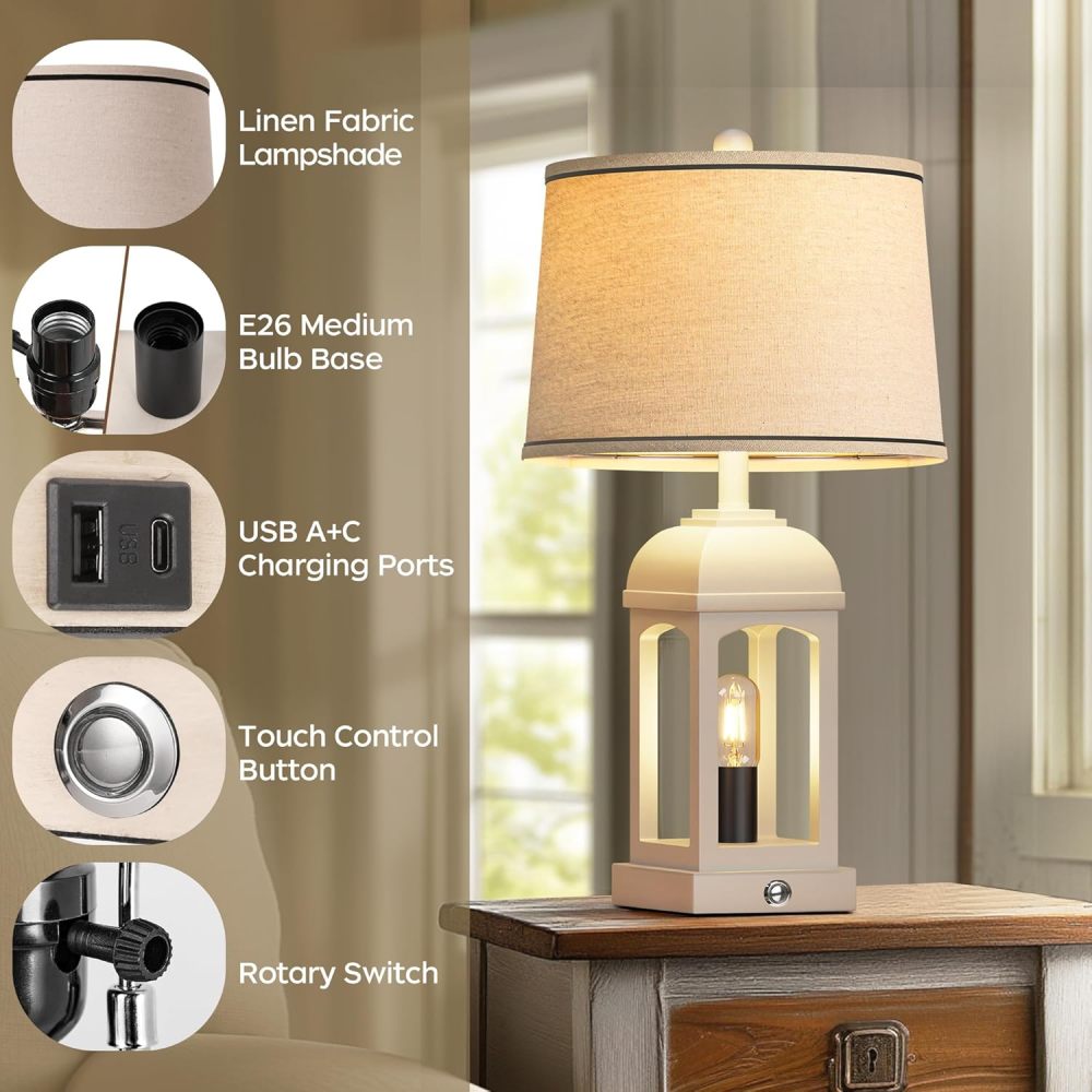 Rustic Farmhouse Table Lamps Set of 2 – USB A+C, Built-in Nightlight, 3-Way Dimmable Touch Lamp