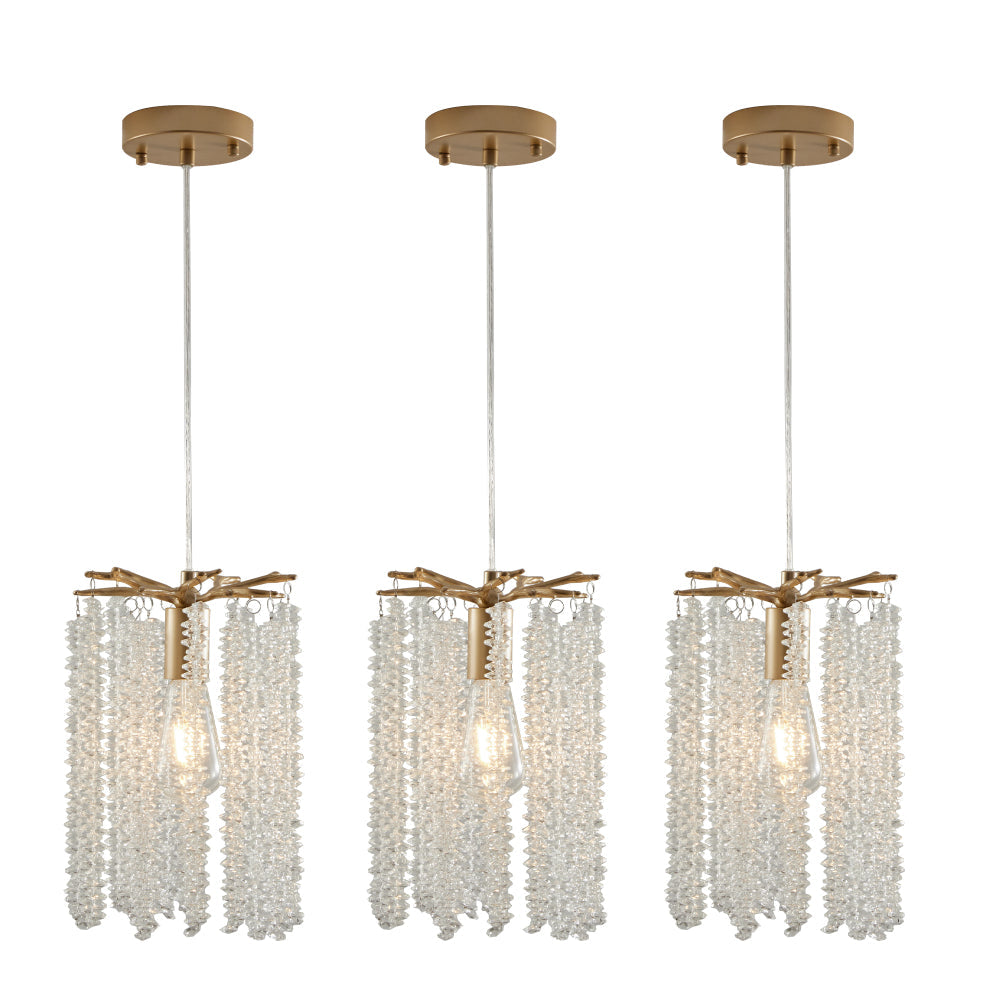 Crystal Pendant Lights Set of 3 | Luxury Waterfall Bead Design, Gold Finish Chandelier for Kitchen Island